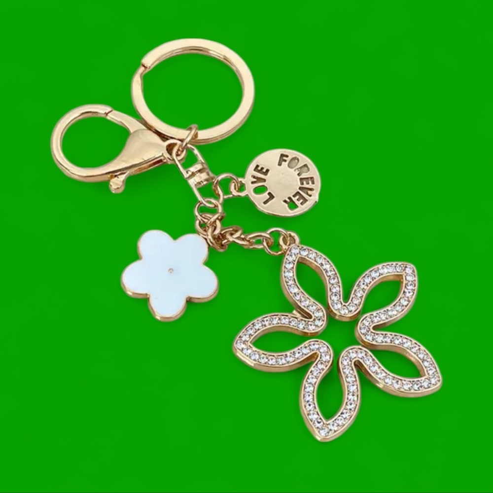 Gold Flower Keychain bag charm with rhinestone accents
